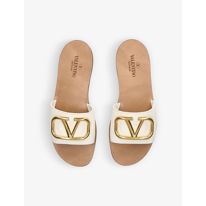 Shop Valentino Go-logo Leather Slider Sandals In White