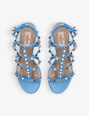 Shop Valentino Garavani Women's Blue Rockstud Leather Heeled Sandals