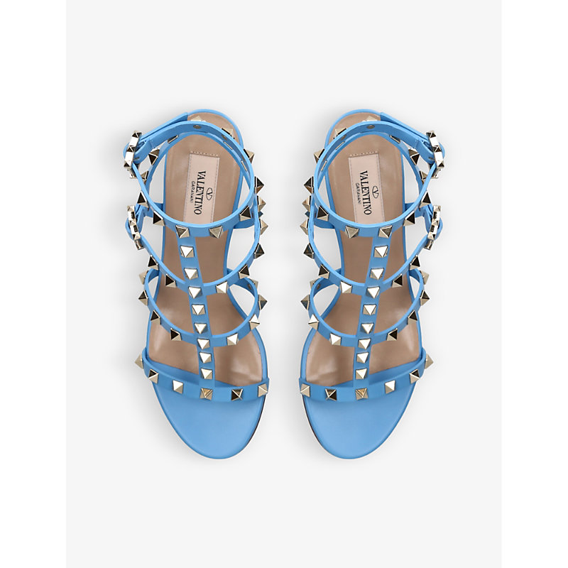 Shop Valentino Garavani Women's Blue Rockstud Leather Heeled Sandals