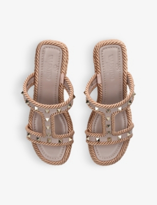 Shop Valentino Rockstud Braided Leather Wedge Sandals In Beige