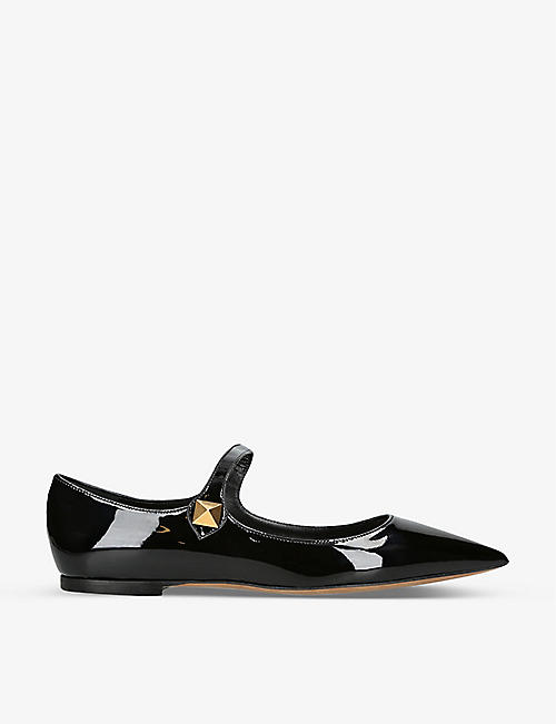 VALENTINO GARAVANI: Stud-embellished pointed-toe patent-leather ballet pumps