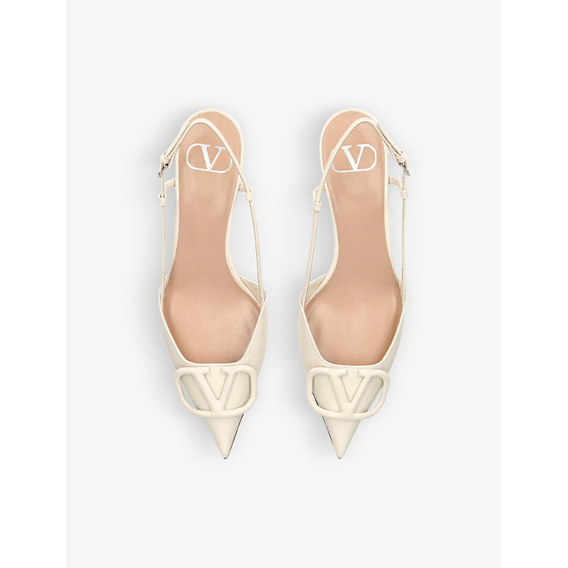 Shop Valentino Vlogo 40 Pointed-toe Leather Slingback Courts In Cream