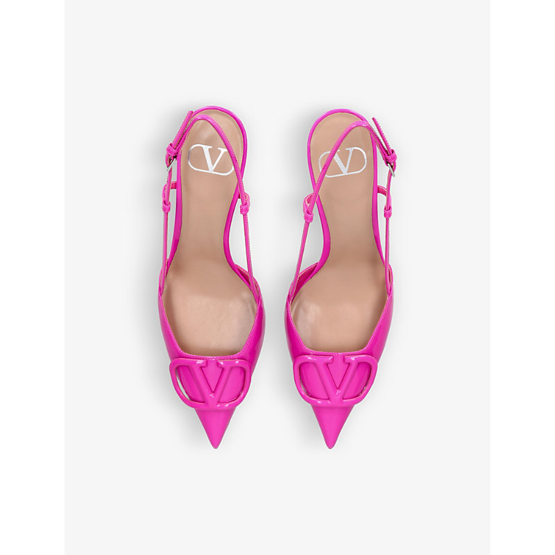 Shop Valentino Vlogo 80 Pointed-toe Leather Slingback Courts In Pink