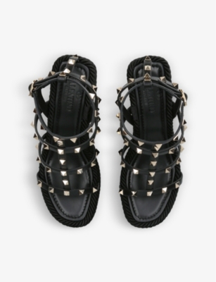 Shop Valentino Garavani Women's Black Rockstud 95 Braided Leather Heeled Sandals