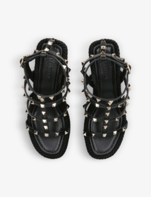 Shop Valentino Garavani Womens Black Rockstud 95 Braided Leather Heeled Sandals