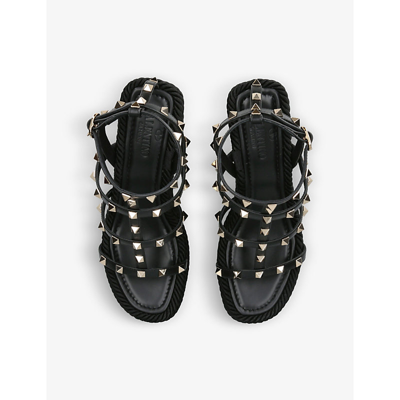 Shop Valentino Garavani Womens Black Rockstud 95 Braided Leather Heeled Sandals