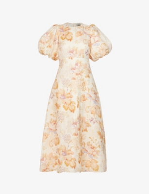 Alemais Philomena Floral-print Linen Midi Dress In Yellow
