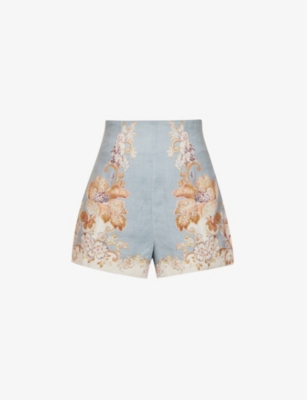 Alemais Blythe Printed Linen Shorts In Blue/brown