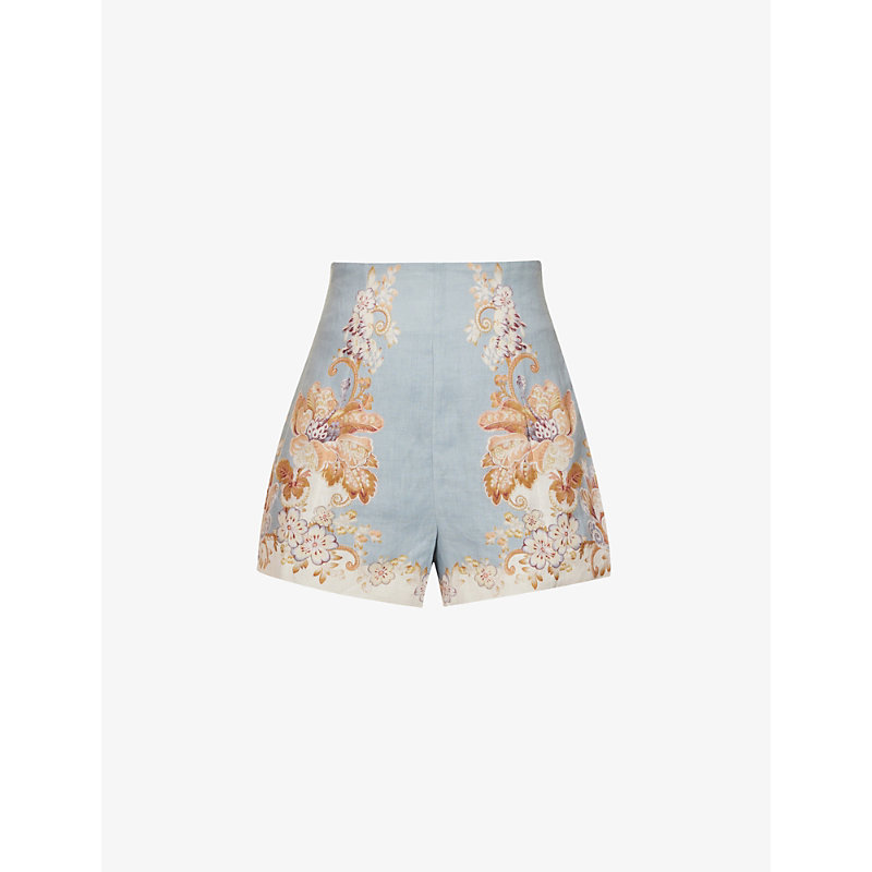 Alemais Blythe Printed Linen Shorts In Blue/brown