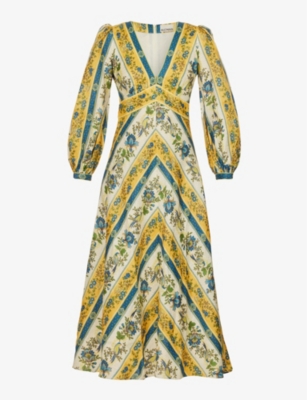 Alemais Quinn Chevron-print Linen Midi Dress In Royal Multi