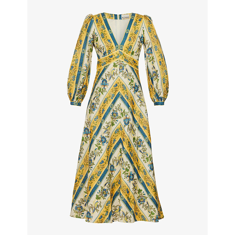 Alemais Quinn Chevron-print Linen Midi Dress In Royal Multi
