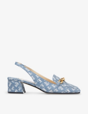 Shop Jimmy Choo Women's Denim Diamond Tilda Logo-print Slingback Woven Heeled Loafers In Blue