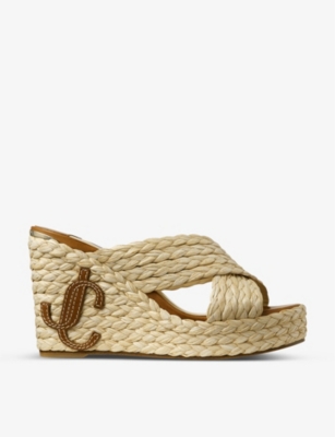 JIMMY CHOO Dovina 100 leather and raffia platform espadrilles