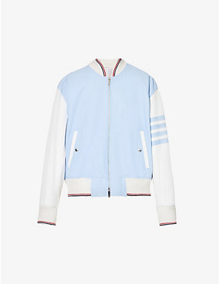 THOM BROWNE: Striped-trim stand-collar leather bomber jacket
