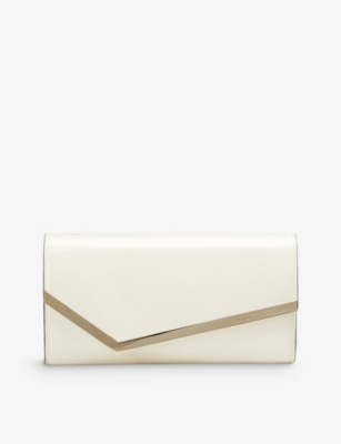 Shop Jimmy Choo Emmie Patent-leather Clutch In Latte/light Gold