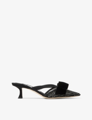 Jimmy Choo Flaca 50 Bow And Crystal-embellished Mesh And Suede Mules In Black/hematite