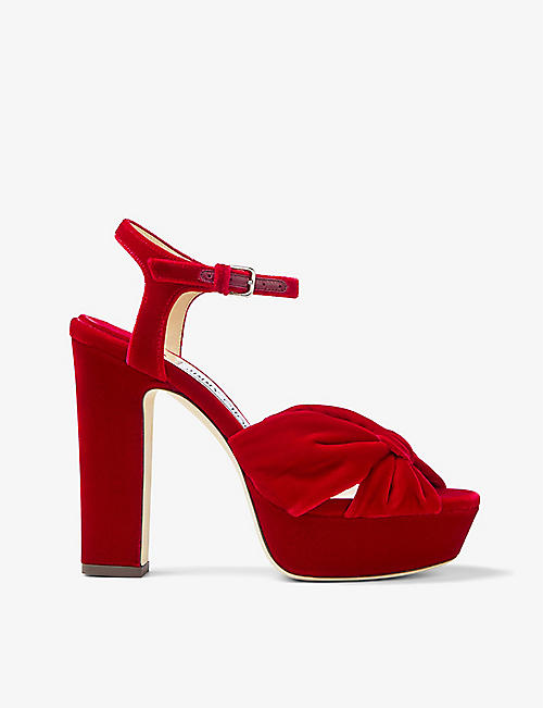 JIMMY CHOO: Heloise 120 bow-embellished velvet platform-heeled sandals