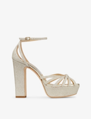 JIMMY CHOO: Isra 120 glitter-embellished platform heeled sandals