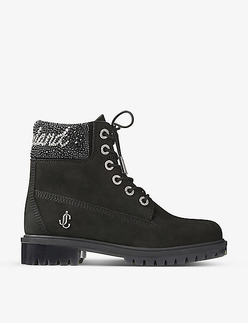 JIMMY CHOO: Jimmy Choo x Timberland Crystal Cuff leather and crystal boots