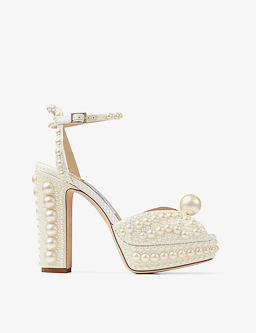 JIMMY CHOO: Sacaria 120 pearl-embellished satin platform sandals