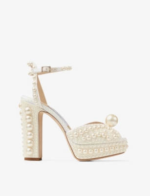 Shop Jimmy Choo Womens White/white Sacaria 120 Pearl-embellished Satin Platform Sandals