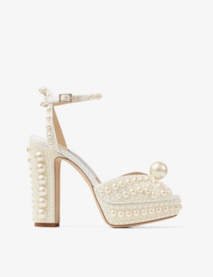 Shop Jimmy Choo Sacaria 120 Pearl-embellished Satin Platform Sandals In White/white