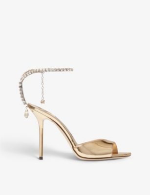 Shop Jimmy Choo Women's Gold/crystal Honey Saeda Crystal-embellished Metallic-leather Heeled Sandals