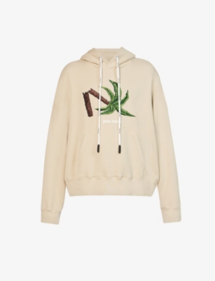 Palm Angels Oversize Embroidered Broken Palm Hoodie In Beige Green