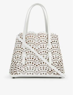Shop Alaïa Alaia Blanc Optique Mina Wave 25 Laser-cut Leather Top-handle Bag In White