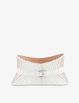 ALAÏA ALAIA WOMEN'S BLANC OPTIQUE NEO BUSTIER CUT-OUT LEATHER BELT,62878068