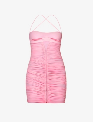 Mugler Womens Pink Cut-out Ruched Stretch-woven Mini Dress