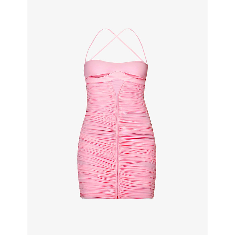 Mugler Womens Pink Cut-out Ruched Stretch-woven Mini Dress