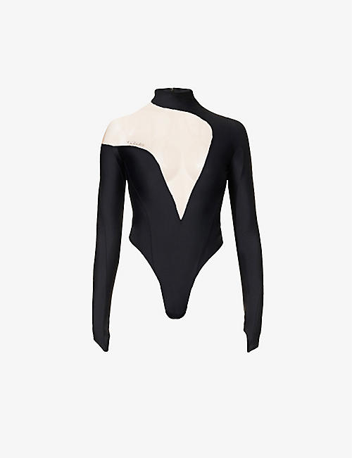 MUGLER: Asymmetrical high-neck stretch-woven bodysuit