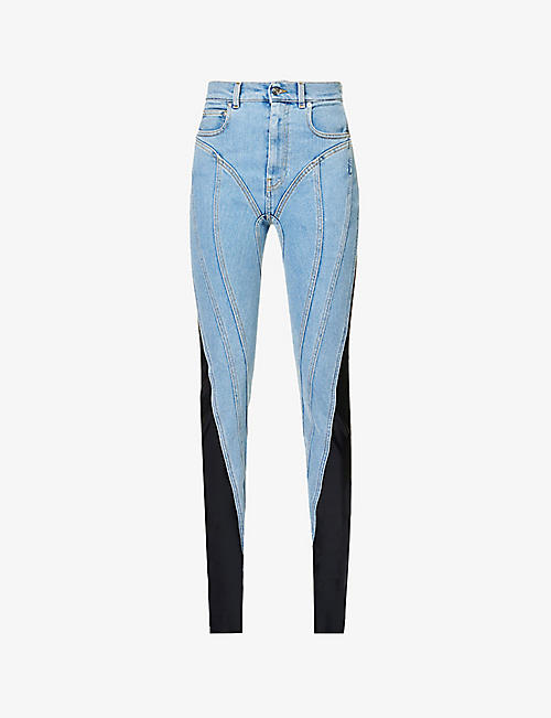MUGLER: Spiral seam-embellished skinny high-rise stretch-denim jeans