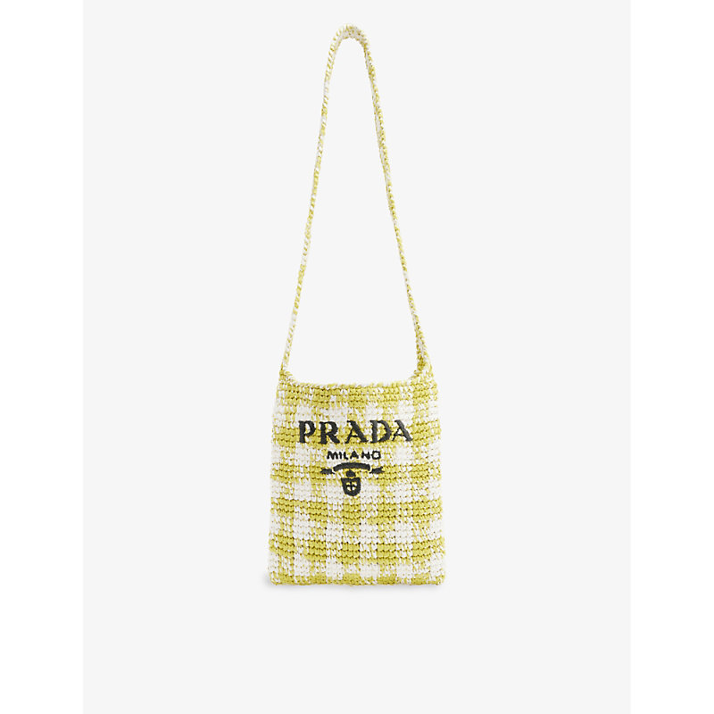 Prada Women's Green Checked Raffia Cross-body Bag
