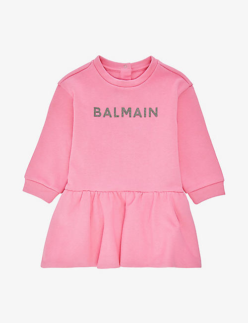BALMAIN: Sparkle logo-print cotton-jersey mini dress 12-36 months