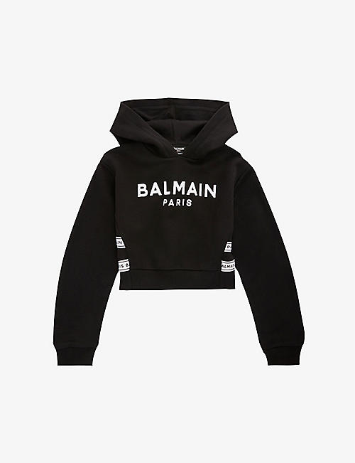 BALMAIN: Logo-print cropped cotton-jersey hoody 8-14 years