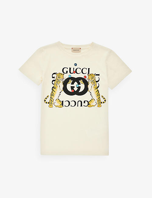 GUCCI：虎头徽标平纹针织棉 T 恤 4-12 岁