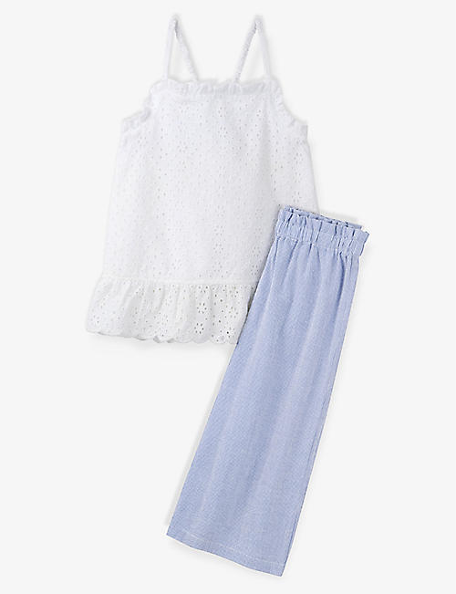 THE LITTLE WHITE COMPANY: Broderie top and stripe-print cotton trousers set 18 months-6 years