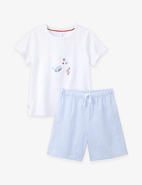 THE LITTLE WHITE COMPANY: Embroidered-motif T-shirt and stripe seersucker cotton shorts set 18 months-6 years