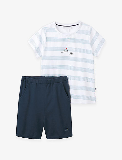 THE LITTLE WHITE COMPANY: Boat-embroidered stripe-print cotton-jersey T-shirt and shorts 18 months-6 years