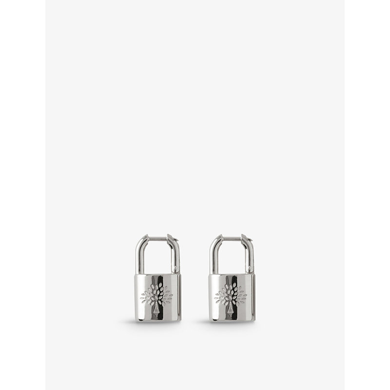 MULBERRY MULBERRY WOMEN'S SILVER PADLOCK BRAND-ENGRAVED SILVER-PLATED BRASS HOOP EARRINGS,62976085