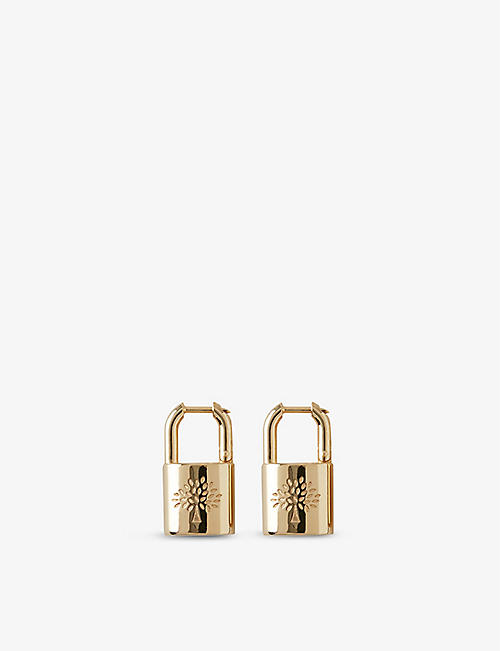 MULBERRY: Padlock logo-engraved gold-plated brass hoop earrings