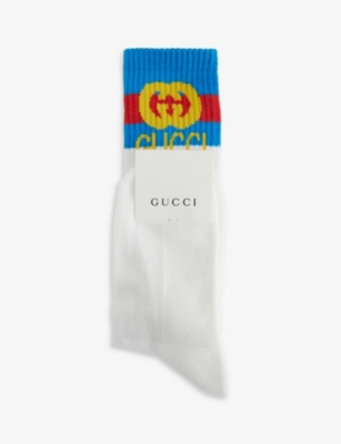 Gucci Kids' Branded Cotton-blend Socks 8-12 Years In White/sky Blue