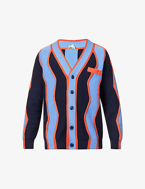 KENZO：波纹条纹休闲版型羊毛和棉混纺开襟衫