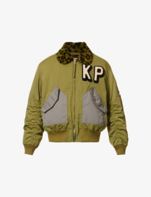 KENZO KENZO MEN'S KHAKI BRAND-APPLIQUÉ CONTRAST-COLLAR BOXY-FIT SHELL BOMBER JACKET,62986602