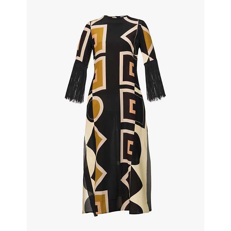 Louisa Parris Womens Pampas The Fringe Geometric-print Silk Maxi Dress