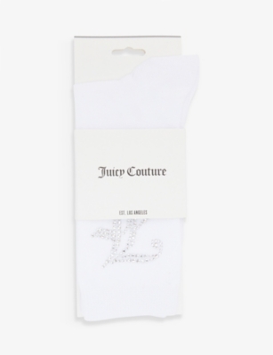 Juicy Couture Womens White Logo Diamante-embellished Stretch-cotton Blend Socks