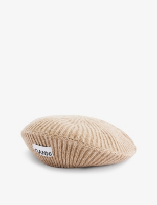 GANNI LOGO-PATCH RIBBED WOOL, RECYCLED-WOOL AND RECYCLED-POLYAMIDE BLEND BERET,63014328