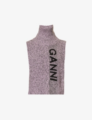 Ganni Purple Intarsia Logo Ribbed Knit Bib Collar In Lilac Sachet
